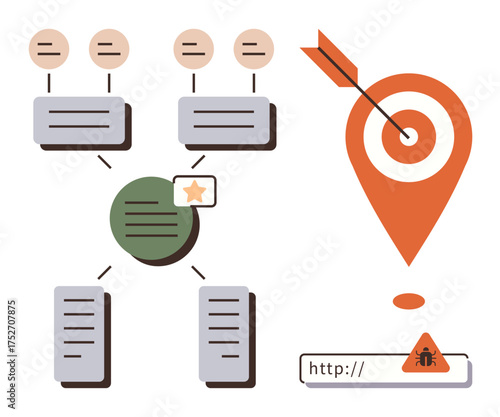 Workflow diagram with nodes and connections, map marker with a dart in the center, and URL with malware alert. Ideal for planning, goal setting, cybersecurity, strategy, navigation, process