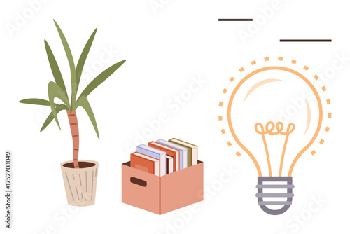 Potted plant, lightbulb, colorful books in a box representing growth, learning, and innovation. Ideal for creativity, education, inspiration ideas sustainability brainstorming teamwork. Simple
