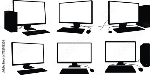 Desktop computer silhouettes, monitor keyboard mouse, PC tower setup, technology equipment, office workstation, digital device, modern computer system, electronic hardware, workplace design, IT