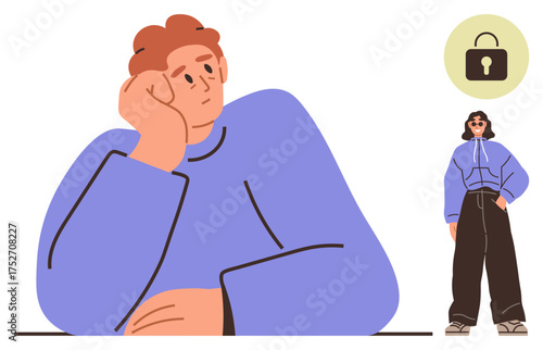 Pensive person leaning on hand beside stylishly dressed female figure and lock icon. Ideal for introspection, privacy, fashion, individuality, personal growth, identity, mindfulness. Simple flat