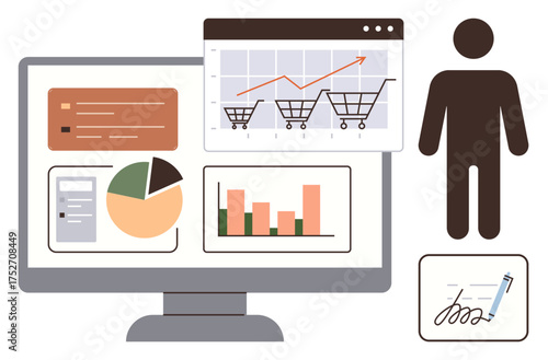 Computer screen showcases bar graphs, pie chart, cart analytics, e-signature document, and consumer icon. Ideal for data analysis, e-commerce, productivity, strategy growth marketing