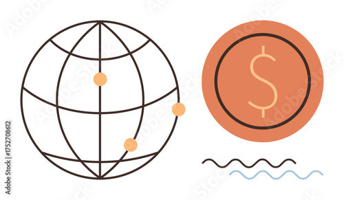 Globe with connection nodes, dollar coin, and wavy lines signifying trade, finance, commerce, globalization, economics, currency, and global connections in a simple flat metaphor