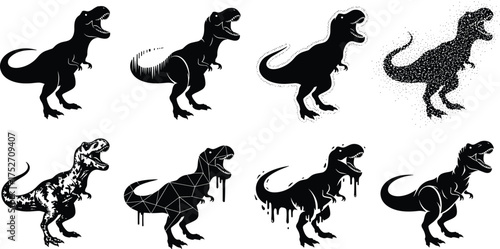 T-rex silhouette, dinosaur graphic, artistic styles, pixelated texture, dripping paint, low-poly design, disintegration effect, black outline, prehistoric creature, vector art