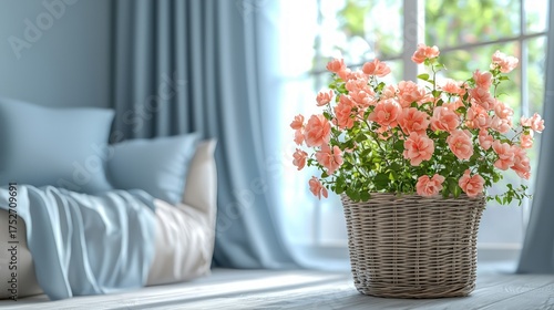 Vibrant orange flowers in a wicker basket brighten a cozy living room with blue accents.