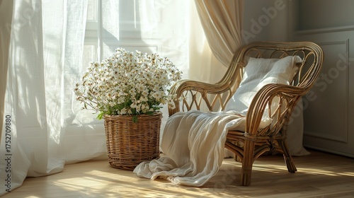 Cozy Wicker Chair with Flowers by the Window.