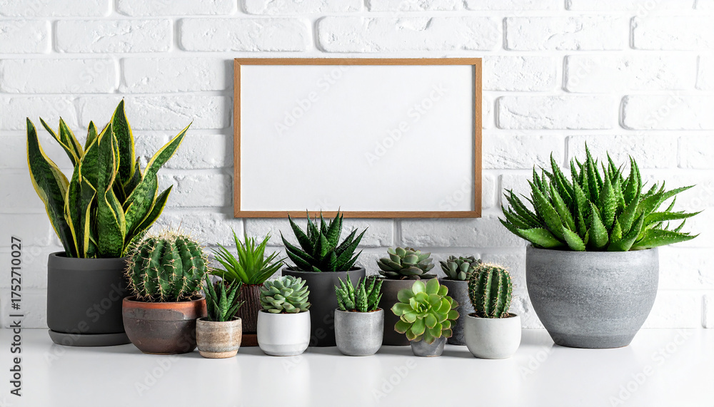 Fototapeta premium Assortment of green potted succulents and cacti arranged on a white surface snake plant aloe vera