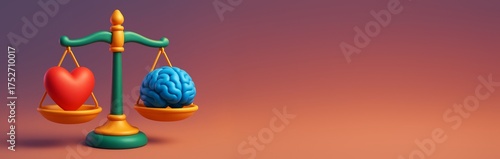 Colorful scale balancing heart and brain symbol on gradient background with copyspace, representing emotion versus logic concept. Ai generative