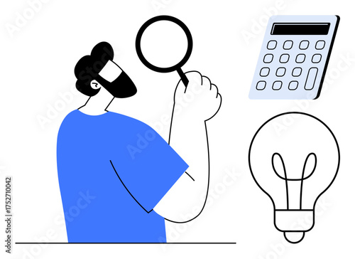 Man examines magnifying glass, calculator signifying calculation, light bulb for idea generation. Ideal for innovation, research, analysis, education, problem-solving, business planning minimal flat