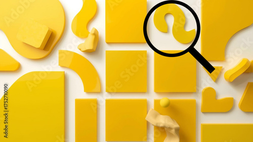 Abstract yellow shapes puzzle with magnifying glass concept for problem solving and creative thinking design