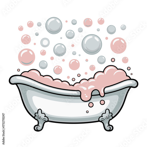 Playful vector illustration of a classic bathtub brimming with pink and grey soap bubbles, symbolizing soothing relaxation, personal hygiene, and delightful self-care