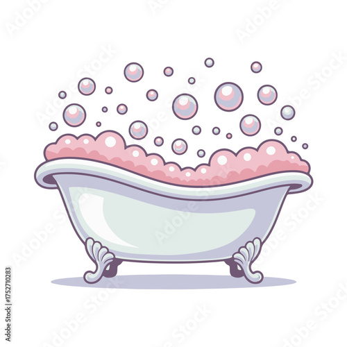 Cozy Cartoon Bathtub with Pink Bubbles Relaxing Bath Time Illustration in a Delightful and Playful Style, Ideal for Design Elements