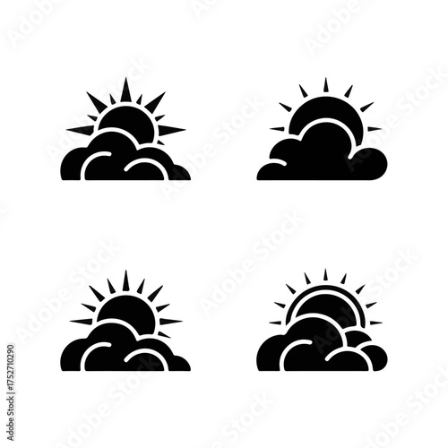 Set of four black and white icons depicting clouds with a bright sun peeking out, symbolizing sunny weather and clear skies with partial cloud cover