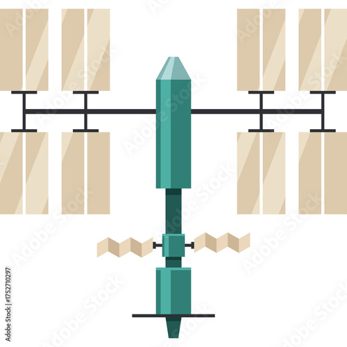 Fototapeta Naklejka Na Ścianę i Meble -  Stylized Space Station With Solar Panels Isolated On White Background Flat Design Minimalist Art