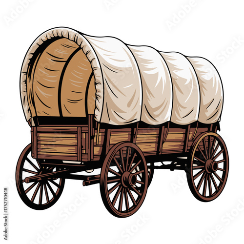 An iconic vintage illustration of a classic wooden covered wagon, a symbol of pioneer life, westward expansion, and the American Old West frontier journey
