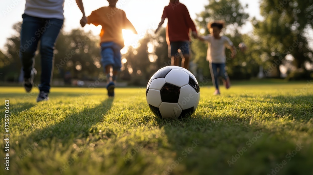Fototapeta premium Children playing soccer in park during sunset outdoor sports activity grass field joyful environment dynamic viewpoint for family fun
