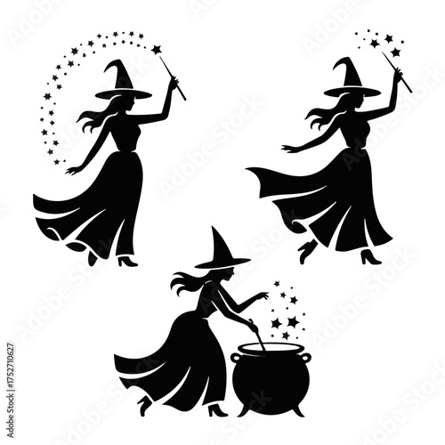 Dynamic set of three classic witch silhouettes, actively casting spells with wands and brewing potions in a cauldron, evoking mystical folklore and Halloween magic