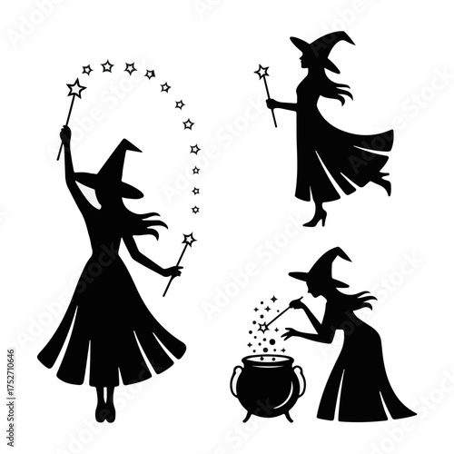 Silhouette of a witch casting spells with a wand and cauldron, conjuring magical stars and sparkles with an enchanting glow