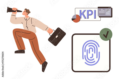 Man with briefcase signaling through megaphone near KPI charts, fingerprint checkmark icon. Ideal for productivity, corporate goals, success, marketing, data analysis, authentication, security simple