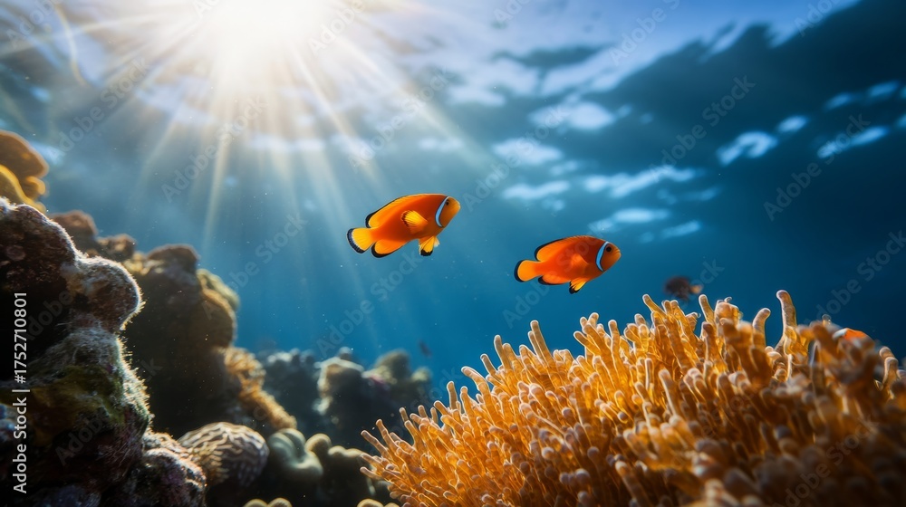 Obraz premium Colorful clownfish swimming among coral reefs underwater paradise marine life photography vibrant environment natural habitat ocean exploration