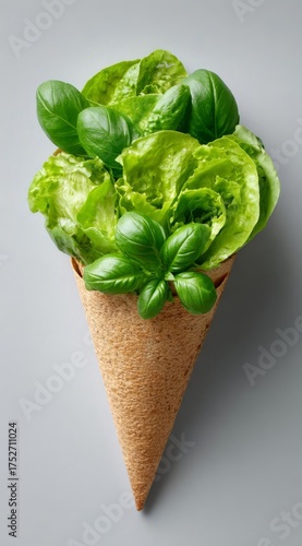 A creative salad cone filled with vibrant lettuce and fresh basil leaves showcasing a unique twist on healthy eating