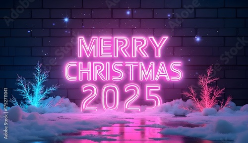 Neon Merry Christmas 2025 Text – Glowing Digital Typography Background for Holiday Design