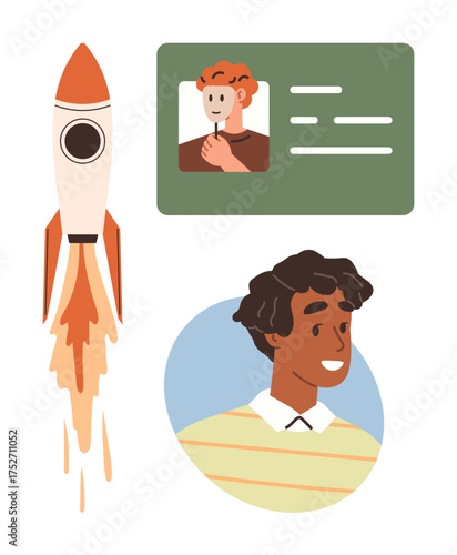 Rocket taking off with fire trail, two profile cards featuring individual portraits and text blocks. Ideal for innovation, personal growth, business, identity, creativity, exploration, communication