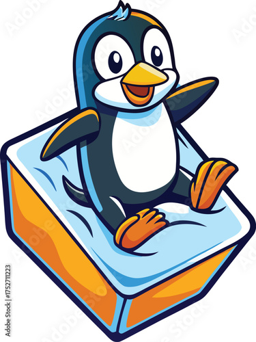 Adorable cartoon penguin sitting on an ice floe with a happy expression animal bird