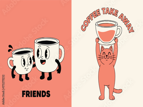 Vintage rubber hose style cartoon illustrations of anthropomorphic coffee cups and take away cat character