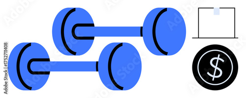 Blue dumbbells paired with a dollar sign coin and a laptop symbolize fitness, financial planning, and work-life balance. Ideal for wellness, productivity, business, health, technology