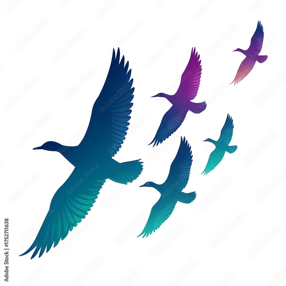 Fototapeta premium A flock of gradient colored birds flying together isolated on white background, symbolizing freedom and migration in nature