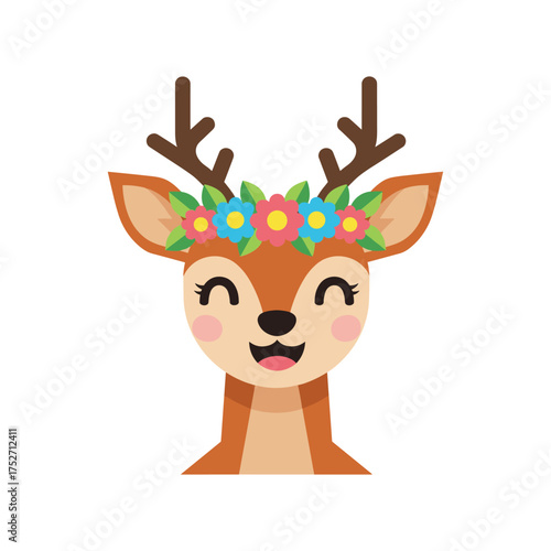 Adorable fawn wearing a vibrant floral crown with closed eyes and happy expression vector