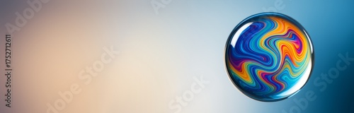 Abstract colorful sphere with swirling patterns on blue gradient background, ...