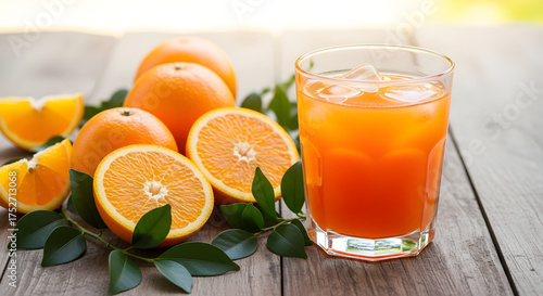 A refreshing glass of orange juice with ice and fresh oranges on a rustic wooden table surface