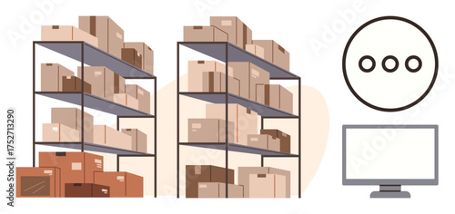Storage racks stacked with packages and boxes, computer monitor, and loading indicator. Ideal for logistics, inventory, supply chain, warehouse management, shipping, e-commerce and organization