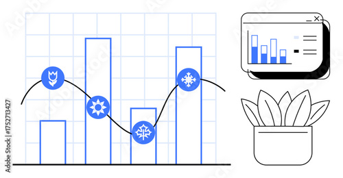 Bar chart with seasonal icons on growth curve, showing data trends. Screen with chart and potted plant add elements of analysis, growth, sustainability. Ideal for analytics, trend study, environment