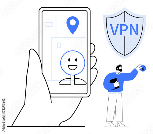 Mobile device screen showing location pin and profile, shield labeled VPN beside user with file. Ideal for cybersecurity, privacy, online safety, anonymity, mobile apps, secure browsing, data