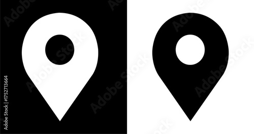 "A set of solid location marker icons in black and white on a contrasting background.