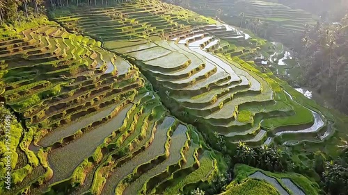 Cinematic Aerial Flight Over Indonesian Rice Fields at Sunrise.