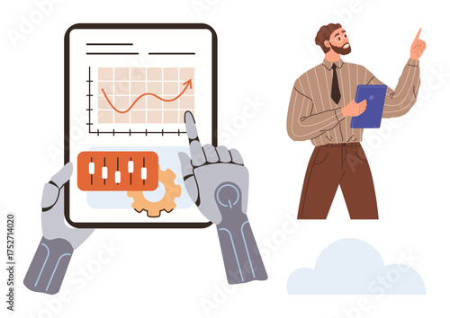 Robotic hands reviewing a growth chart on a tablet, bar controls, gear mechanism, professional explaining with gestures. Ideal for technology, AI, innovation, business growth, analysis robotics