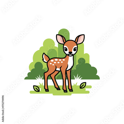 Adorable young deer stands in lush green forest amidst trees and leaves vector