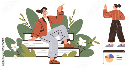 Woman sitting on stacked books surrounded by leaves and flowers, gesturing upward. Separate sidebar growth chart suggests insight, learning, upward trends. Ideal for education, knowledge, learning