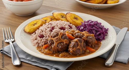 A flavorful jamaican oxtail stew served with rice and peas, fried plantains, and coleslaw on a white plate, a delicious caribbean cuisine