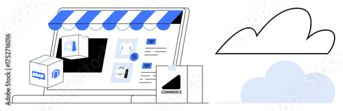 Laptop with store awning, product icons, and delivery boxes, cloud backdrop. Ideal for e-commerce, digital business, online shopping, delivery service, retail cloud solutions branding strategy