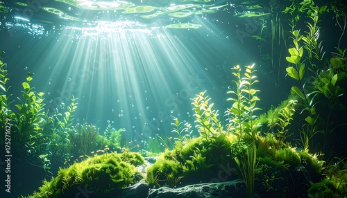 Sunbeams pierce an underwater scene of flourishing aquatic vegetation