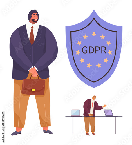 Businessman in corporate attire holding a briefcase near a GDPR shield symbol employee working on computers. Ideal for security, compliance, data privacy, governance, technology, professionalism