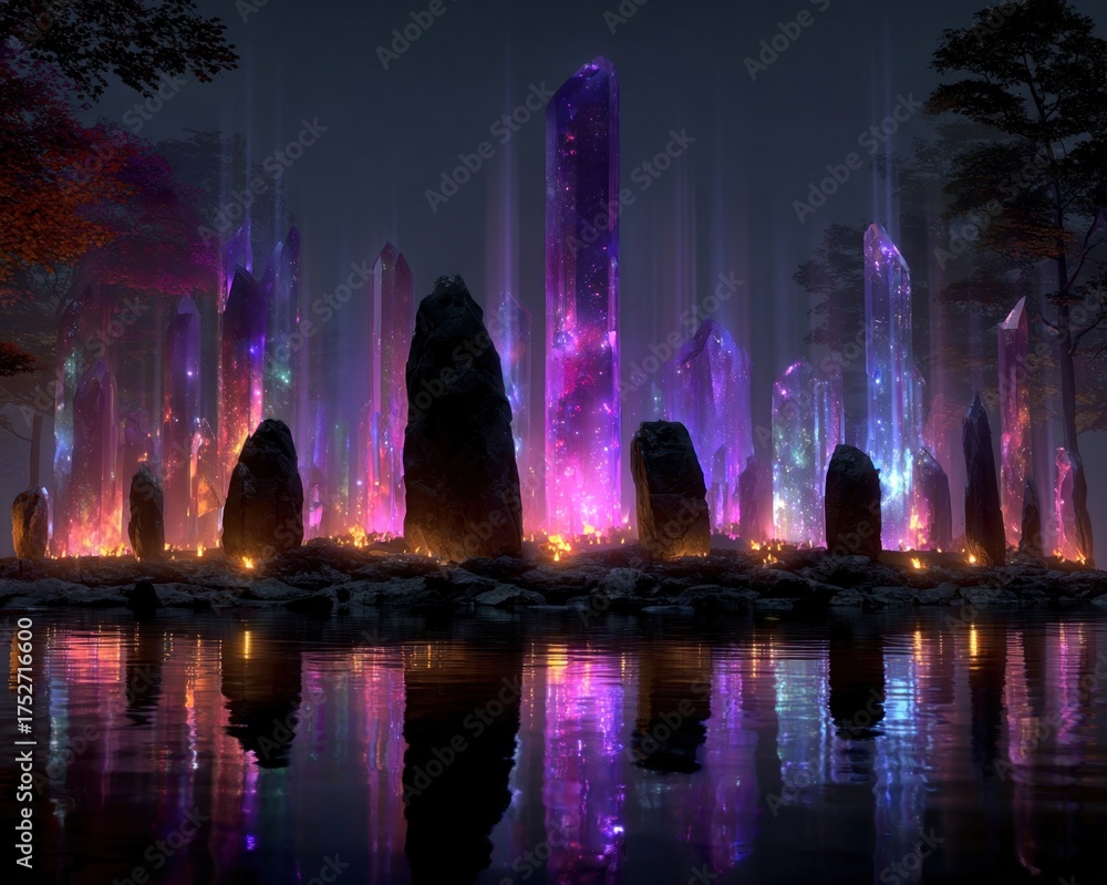 Fototapeta premium Mystical stone circle surrounded by floating runes and pillars of colored light