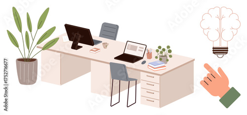 Office desk with desktop monitor, laptop, books, potted plants, and chair. Hand pointing towards a bulb-brain concept. Ideal for creativity, productivity, teamwork innovation workspace