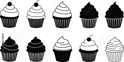 Cupcake illustrations, dessert icons, sweet treats, frosting variations, cherry topping, visual puzzle, pattern recognition, bakery design, food vector, 