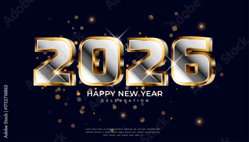 3D shiny metallic numbers 2026 with gold trim Happy New Year celebration text sparkling lights and bokeh