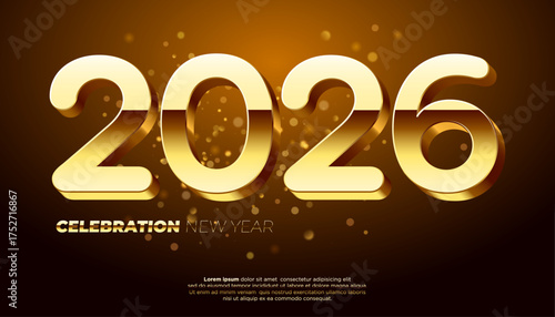 Shiny golden 2026 year numbers and text CELEBRATION NEW YEAR with bokeh effects festive holiday event